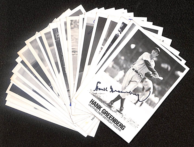 Lot of (22) Signed 1977 TCMA Cards inc. Hank Greenberg, Lloyd Waner, Stan Musial, Edd Roush, Carl Hubbell, Jocko Conlon, + (Beckett BAS Reviewed)