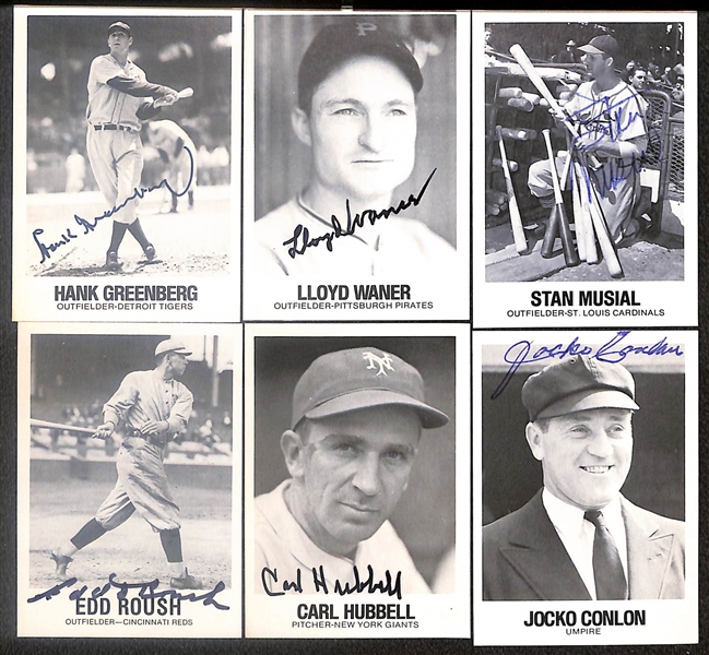 Lot of (22) Signed 1977 TCMA Cards inc. Hank Greenberg, Lloyd Waner, Stan Musial, Edd Roush, Carl Hubbell, Jocko Conlon, + (Beckett BAS Reviewed)