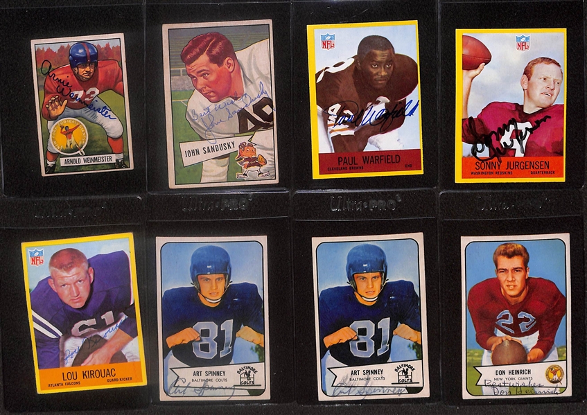 Lot of (8) Signed Vintage Football Cards- Arnold Weinmeister, John Sanducky, Paul Warfield, Sonny Jurgensen, Lou Kirouac, (2) Art Spinney, Don Heinrich (Beckett BAS Reviewed)