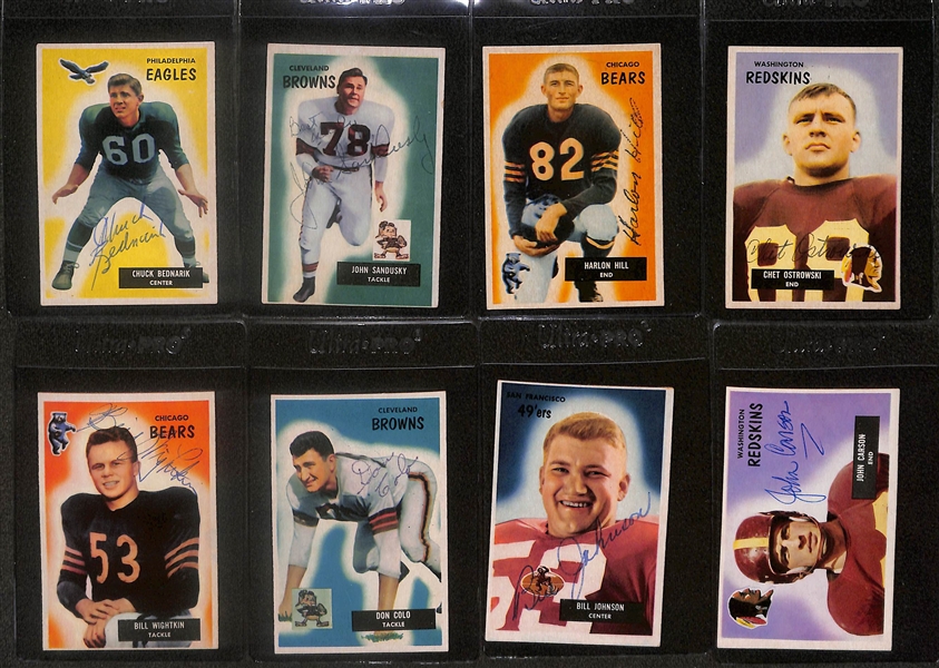 Lot of (8) Signed 1955 Bowman Football Cards- Chuck Bednarik, John Sandusky, Harlon Hill, Chet Ostrowski, Bill Wightkin, Don Colo, Bill Johnson, John Carson (Beckett BAS Reviewed)