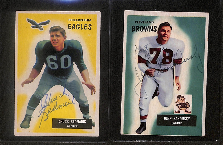 Lot of (8) Signed 1955 Bowman Football Cards- Chuck Bednarik, John Sandusky, Harlon Hill, Chet Ostrowski, Bill Wightkin, Don Colo, Bill Johnson, John Carson (Beckett BAS Reviewed)