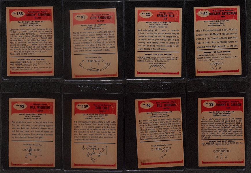 Lot of (8) Signed 1955 Bowman Football Cards- Chuck Bednarik, John Sandusky, Harlon Hill, Chet Ostrowski, Bill Wightkin, Don Colo, Bill Johnson, John Carson (Beckett BAS Reviewed)