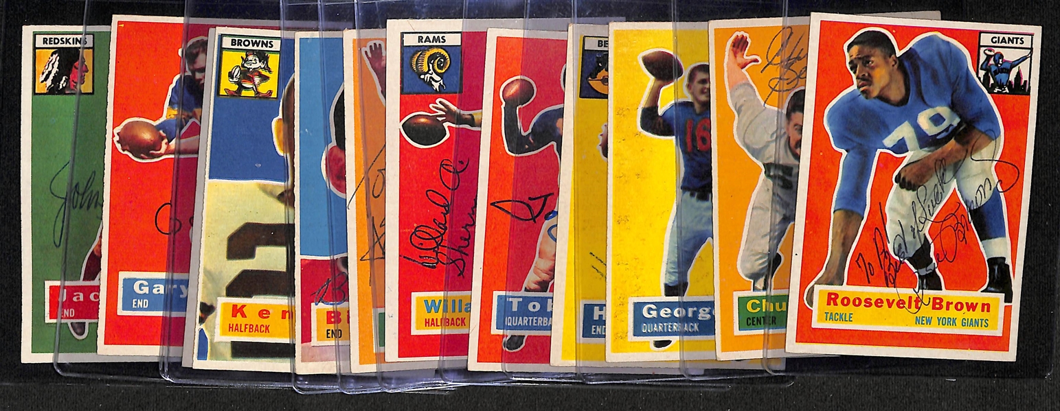 Lot of (12) Signed 1956 Topps Cards- Roosevelt Brown, Chuck Bednarik, George Blanda, Harlan Hill, Tobin Rote, Willard Sherman, Tom Scott, Billy Wilson, Ken Konz, Bill Wightkin, Gary Knafelc, Jack...