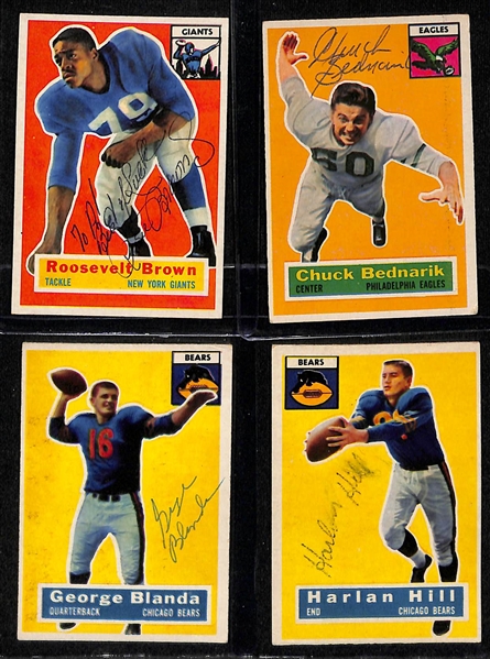 Lot of (12) Signed 1956 Topps Cards- Roosevelt Brown, Chuck Bednarik, George Blanda, Harlan Hill, Tobin Rote, Willard Sherman, Tom Scott, Billy Wilson, Ken Konz, Bill Wightkin, Gary Knafelc, Jack...