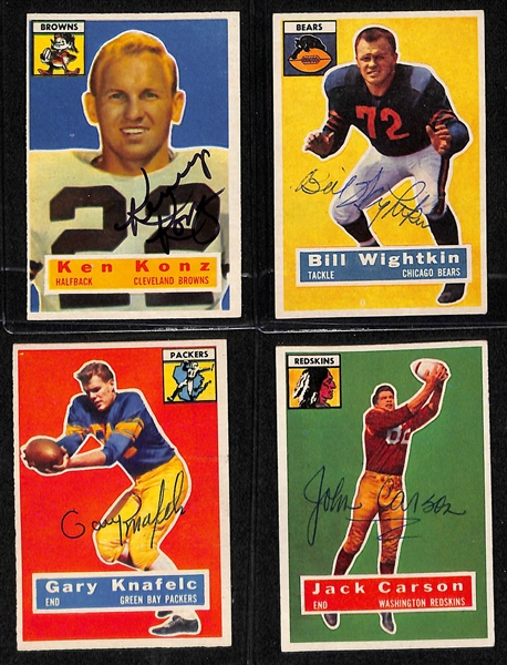 Lot of (12) Signed 1956 Topps Cards- Roosevelt Brown, Chuck Bednarik, George Blanda, Harlan Hill, Tobin Rote, Willard Sherman, Tom Scott, Billy Wilson, Ken Konz, Bill Wightkin, Gary Knafelc, Jack...