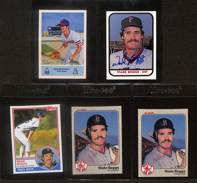 Lot of (5) Signed 1983 Rookie Cards- Don Mattingly Minor League, Wade Boggs Minor League, Wade Boggs Topps, (2) Wade Boggs Fleer (Beckett BAS Reviewed)