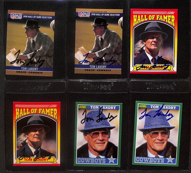 Lot of (6) Signed Tom Landry Cards- (2) 1990 Pro Set, 1990 Score, 1989 Score (Beckett BAS Reviewed)