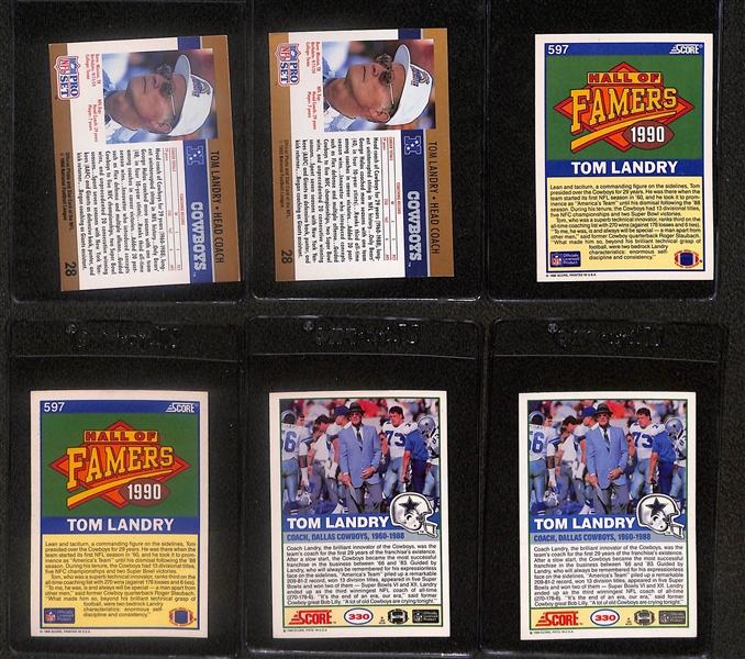 Lot of (6) Signed Tom Landry Cards- (2) 1990 Pro Set, 1990 Score, 1989 Score (Beckett BAS Reviewed)