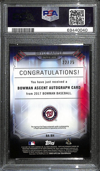 2017 Bowman Bryce Harper Ascent Insert (Orange Version) #22/25 Graded PSA 10 Gem Mint (Pop 1)