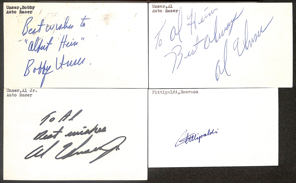 Lot of (75+) Signed Auto Racing Index Cards + Post Cards + Cards inc. Richard Petty, Emerson Fittipaldi, AL Unser Jr, Johnny Rutherford, + (Beckett BAS Reviewed)