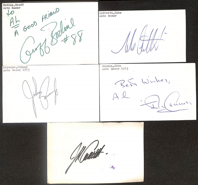 Lot of (75+) Signed Auto Racing Index Cards + Post Cards + Cards inc. Richard Petty, Emerson Fittipaldi, AL Unser Jr, Johnny Rutherford, + (Beckett BAS Reviewed)