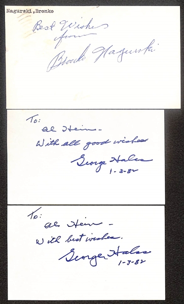 Lot of (3) Signed Bears Hall of Fame Index Cards- (2) George Halas, Bronko Negurski (Beckett BAS Reviewed)