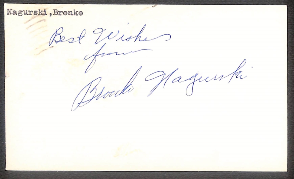 Lot of (3) Signed Bears Hall of Fame Index Cards- (2) George Halas, Bronko Negurski (Beckett BAS Reviewed)