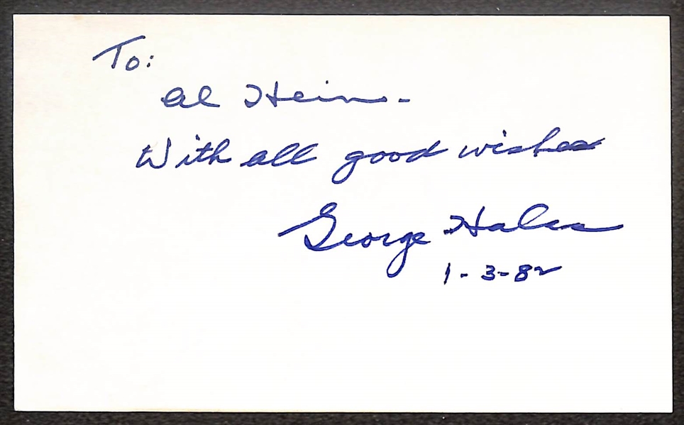 Lot of (3) Signed Bears Hall of Fame Index Cards- (2) George Halas, Bronko Negurski (Beckett BAS Reviewed)