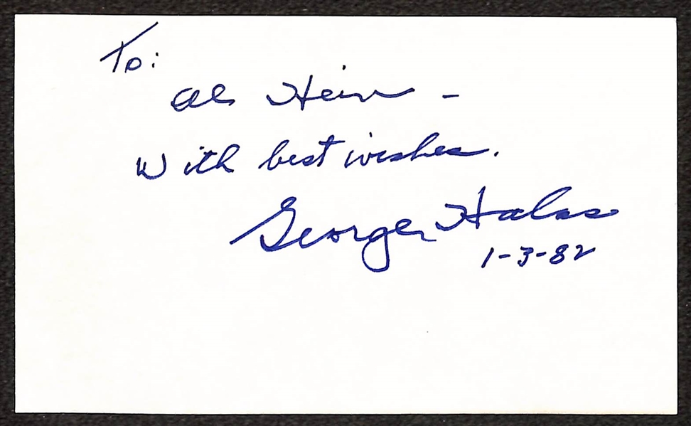 Lot of (3) Signed Bears Hall of Fame Index Cards- (2) George Halas, Bronko Negurski (Beckett BAS Reviewed)