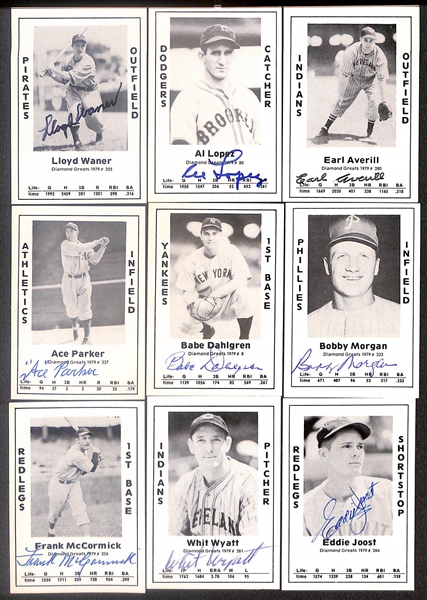 Lot of (50) Signed 1979 TCMA Diamond Greats Cards inc. Lloyd Waner, Al Lopez, Earl Averill, Ace Parker, Babe Dahlgren, Bobby Morgan, Frank McCormick, Whit Wyatt, + (Beckett BAS Reviewed)