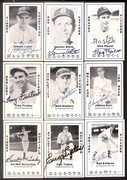 Lot of (50) Signed 1979 TCMA Diamond Greats Cards inc. Lloyd Waner, Al Lopez, Earl Averill, Ace Parker, Babe Dahlgren, Bobby Morgan, Frank McCormick, Whit Wyatt, + (Beckett BAS Reviewed)