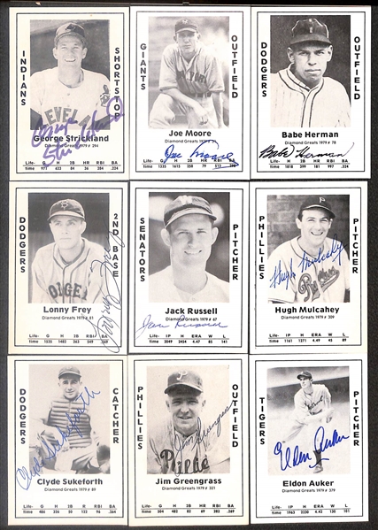 Lot of (50) Signed 1979 TCMA Diamond Greats Cards inc. Lloyd Waner, Al Lopez, Earl Averill, Ace Parker, Babe Dahlgren, Bobby Morgan, Frank McCormick, Whit Wyatt, + (Beckett BAS Reviewed)