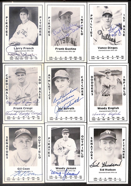 Lot of (50) Signed 1979 TCMA Diamond Greats Cards inc. Lloyd Waner, Al Lopez, Earl Averill, Ace Parker, Babe Dahlgren, Bobby Morgan, Frank McCormick, Whit Wyatt, + (Beckett BAS Reviewed)