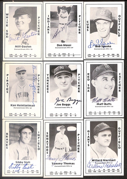 Lot of (50) Signed 1979 TCMA Diamond Greats Cards inc. Lloyd Waner, Al Lopez, Earl Averill, Ace Parker, Babe Dahlgren, Bobby Morgan, Frank McCormick, Whit Wyatt, + (Beckett BAS Reviewed)