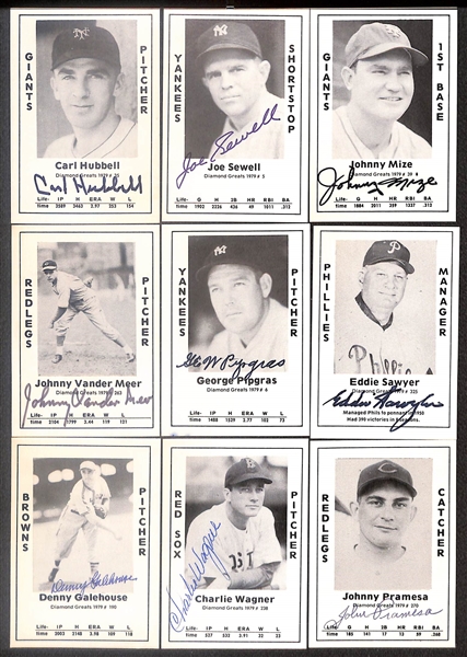 Lot of (50) Signed 1979 TCMA Diamond Greats Cards inc. Carl Hubbell, Joe Sewell, Johnny Mize, Johnny Vander Meer, George Pipgras, Eddie Sawyer, Denny Galehouse, Charlie Wagner, + (Beckett BAS...