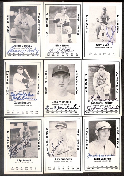 Lot of (50) Signed 1979 TCMA Diamond Greats Cards inc. Carl Hubbell, Joe Sewell, Johnny Mize, Johnny Vander Meer, George Pipgras, Eddie Sawyer, Denny Galehouse, Charlie Wagner, + (Beckett BAS...