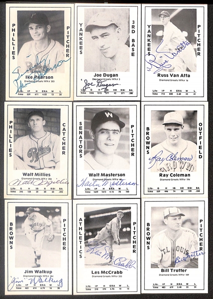 Lot of (50) Signed 1979 TCMA Diamond Greats Cards inc. Carl Hubbell, Joe Sewell, Johnny Mize, Johnny Vander Meer, George Pipgras, Eddie Sawyer, Denny Galehouse, Charlie Wagner, + (Beckett BAS...