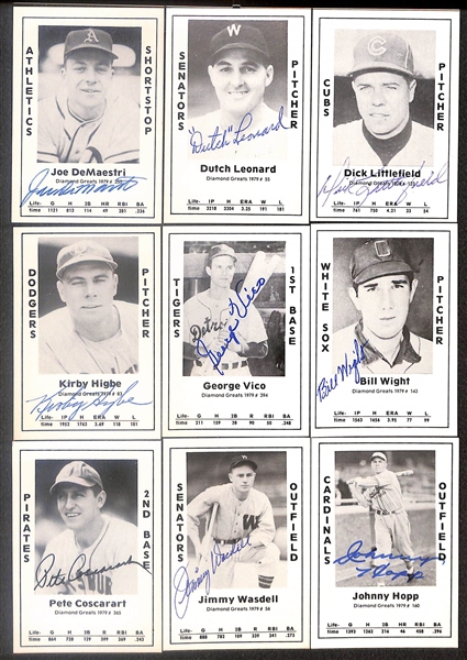 Lot of (50) Signed 1979 TCMA Diamond Greats Cards inc. Carl Hubbell, Joe Sewell, Johnny Mize, Johnny Vander Meer, George Pipgras, Eddie Sawyer, Denny Galehouse, Charlie Wagner, + (Beckett BAS...