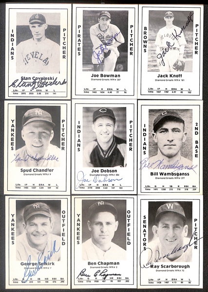 Lot of (50) Signed 1979 TCMA Diamond Greats Cards inc. Carl Hubbell, Joe Sewell, Johnny Mize, Johnny Vander Meer, George Pipgras, Eddie Sawyer, Denny Galehouse, Charlie Wagner, + (Beckett BAS...