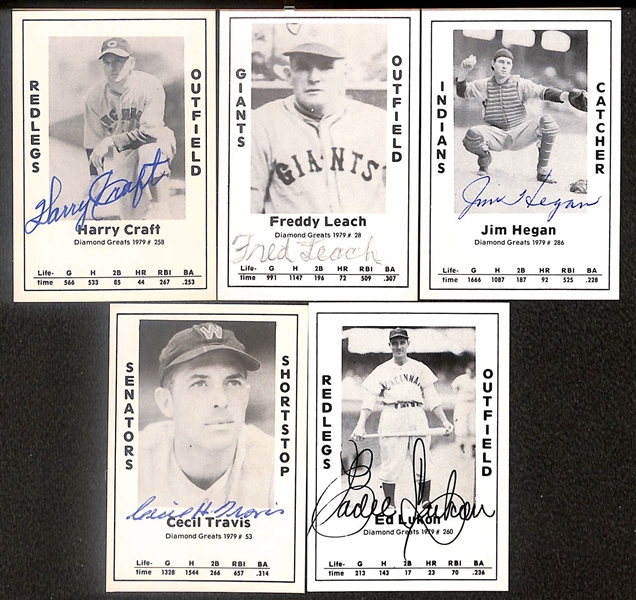 Lot of (50) Signed 1979 TCMA Diamond Greats Cards inc. Carl Hubbell, Joe Sewell, Johnny Mize, Johnny Vander Meer, George Pipgras, Eddie Sawyer, Denny Galehouse, Charlie Wagner, + (Beckett BAS...