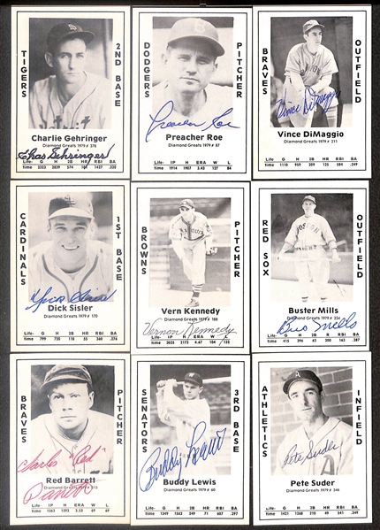 Lot of (51) Signed 1979 TCMA Diamond Greats Cards inc. Charlie Gehringer, Preacher Roe, Vince DiMaggio, Dick Sisler, Vern Kennedy, Buster Mills, Red Barrett, + (Beckett BAS Reviewed)