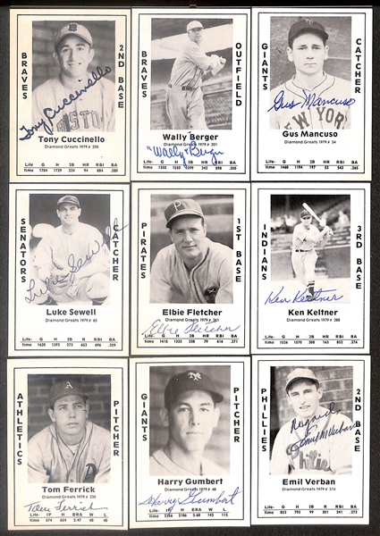 Lot of (51) Signed 1979 TCMA Diamond Greats Cards inc. Charlie Gehringer, Preacher Roe, Vince DiMaggio, Dick Sisler, Vern Kennedy, Buster Mills, Red Barrett, + (Beckett BAS Reviewed)