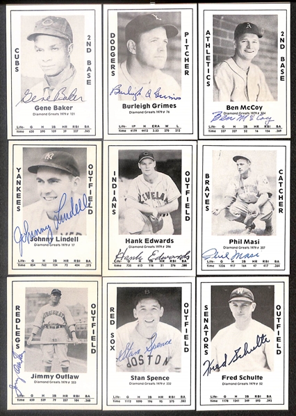 Lot of (51) Signed 1979 TCMA Diamond Greats Cards inc. Charlie Gehringer, Preacher Roe, Vince DiMaggio, Dick Sisler, Vern Kennedy, Buster Mills, Red Barrett, + (Beckett BAS Reviewed)