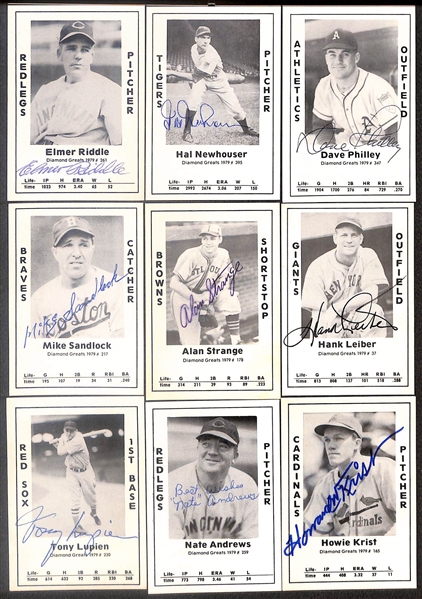 Lot of (51) Signed 1979 TCMA Diamond Greats Cards inc. Charlie Gehringer, Preacher Roe, Vince DiMaggio, Dick Sisler, Vern Kennedy, Buster Mills, Red Barrett, + (Beckett BAS Reviewed)