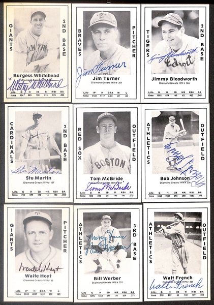 Lot of (51) Signed 1979 TCMA Diamond Greats Cards inc. Charlie Gehringer, Preacher Roe, Vince DiMaggio, Dick Sisler, Vern Kennedy, Buster Mills, Red Barrett, + (Beckett BAS Reviewed)