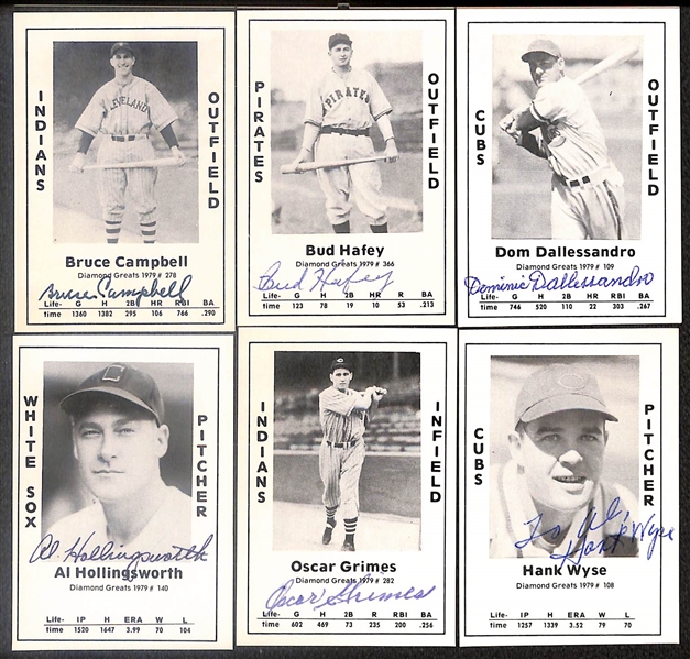 Lot of (51) Signed 1979 TCMA Diamond Greats Cards inc. Charlie Gehringer, Preacher Roe, Vince DiMaggio, Dick Sisler, Vern Kennedy, Buster Mills, Red Barrett, + (Beckett BAS Reviewed)