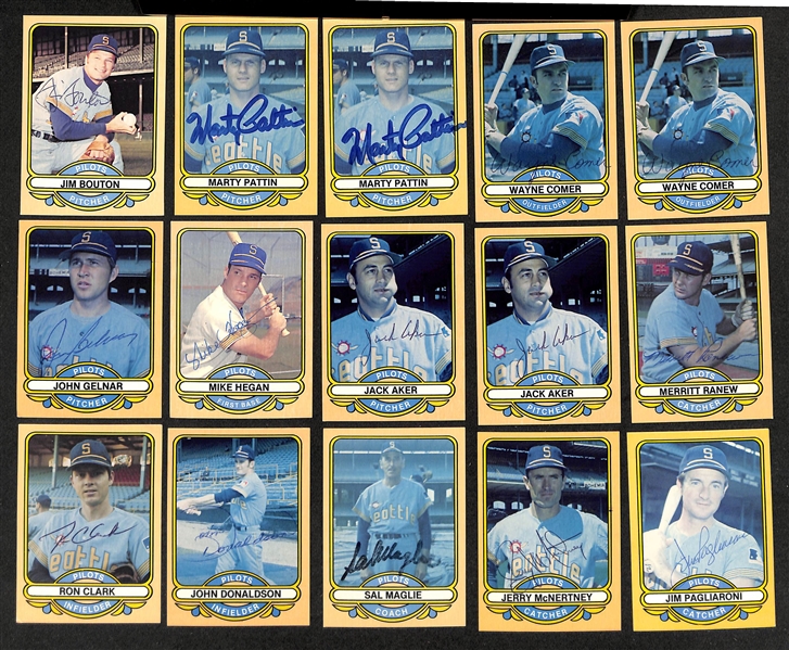 Lot of (44) 1983 Glasso 1969 Seattle Pilots Cards with (31) Signed Cards inc. (2) Mike Ferraro (Signed On Back), John O'Donoghue, (2) Rich Rollins, + (Beckett BAS Reviewed)