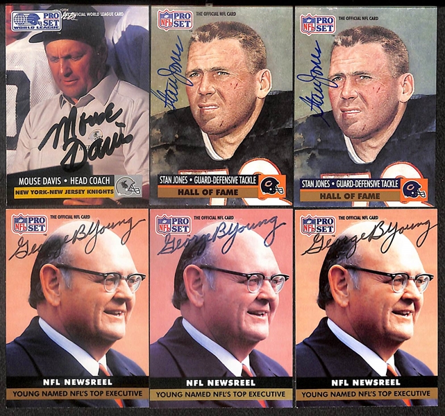 Lot of (21) Signed Pro Set Football Cards- (2) Mike Ditka, Moose Davis, (2) Stan Jones, (4) George Young, (2) Ray Handley, (3) Jerry Seeman, (2) Dale Hamer, (2) Robert Tisch, (2) Chuck Howley, Matt...