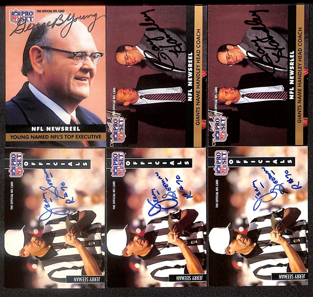 Lot of (21) Signed Pro Set Football Cards- (2) Mike Ditka, Moose Davis, (2) Stan Jones, (4) George Young, (2) Ray Handley, (3) Jerry Seeman, (2) Dale Hamer, (2) Robert Tisch, (2) Chuck Howley, Matt...