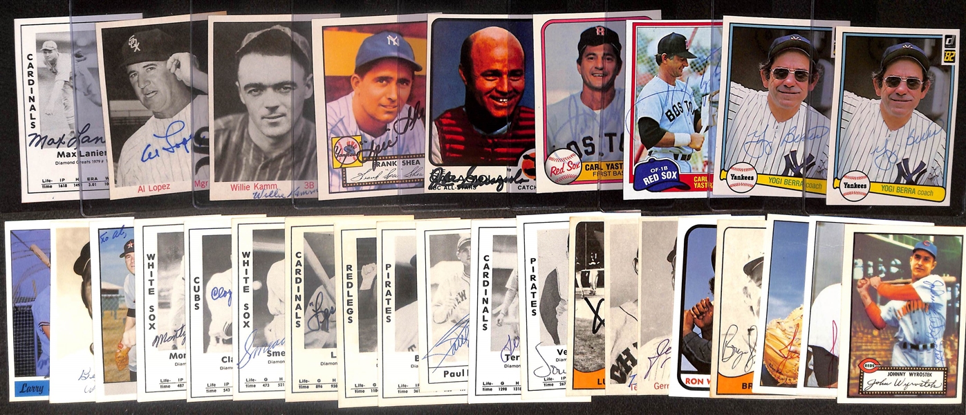 Lot of (29) Signed 1980s Baseball Cards inc. (2) Yogi Berra, (2) Carl Yastrzemski, Joe Garagiiola, Frank Shea, + (Beckett BAS Reviewed)