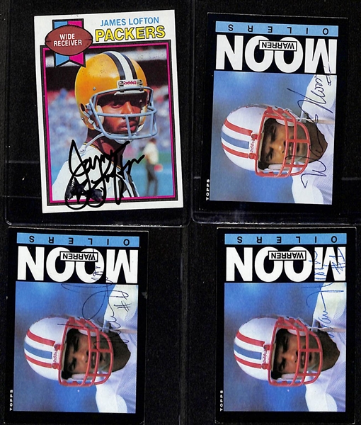 Lot of (8) Signed 1970s-1980s Football Cards- (3) Warren Moon, James Lofton Rookie, Ronnie Lott Rookie, Cornelius Bennett, Andre Reed Rookie, Bruce Smith Rookie  (Beckett BAS Reviewed)