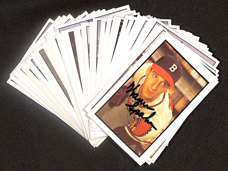 Lot of (49) Signed 1979 + 1983 TCMA 1953 Bowman Color Cards inc. Warren Spahn, Andy Pafko, Enos Slaughter, Bobby Thompson, Lou Boudreau, Stan Lopata, + (Beckett BAS Reviewed)