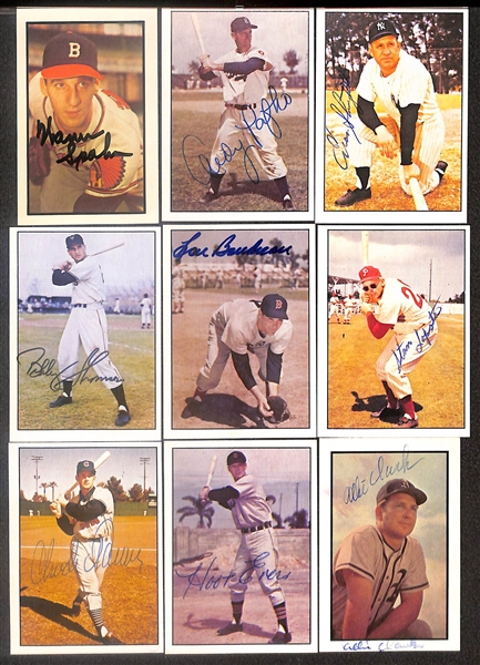 Lot of (49) Signed 1979 + 1983 TCMA 1953 Bowman Color Cards inc. Warren Spahn, Andy Pafko, Enos Slaughter, Bobby Thompson, Lou Boudreau, Stan Lopata, + (Beckett BAS Reviewed)