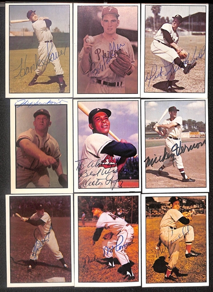 Lot of (49) Signed 1979 + 1983 TCMA 1953 Bowman Color Cards inc. Warren Spahn, Andy Pafko, Enos Slaughter, Bobby Thompson, Lou Boudreau, Stan Lopata, + (Beckett BAS Reviewed)