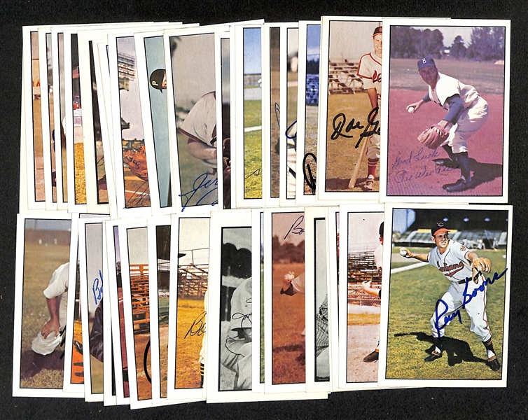 Lot of (44) Signed 1979 & 1983 TCMA 1953 Bowman Color Cards inc. Pee Wee Reese, Joe Garagiola, Elos Slaughter, Red Schoendienst, Ralph Kiner, Bill Skowron, + (Beckett BAS Reviewed)