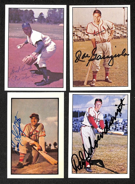 Lot of (44) Signed 1979 & 1983 TCMA 1953 Bowman Color Cards inc. Pee Wee Reese, Joe Garagiola, Elos Slaughter, Red Schoendienst, Ralph Kiner, Bill Skowron, + (Beckett BAS Reviewed)