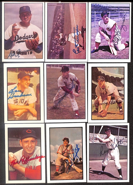 Lot of (49) Signed 1979 + 1983 TCMA 1953 Bowman Color Cards inc. Don Newcombe, Leo Durocher, Ted Kluszewski, Lou Boudreau, + (Beckett BAS Reviewed)