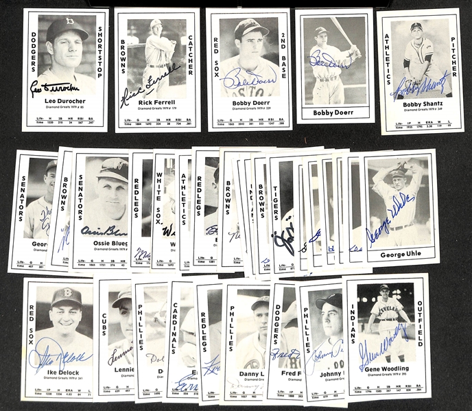 Lot of (33) Signed Old Timer Reprint Cards inc. Leo Durocher, Rick Ferrell, (2) Bobby Doerr, Bobby Shantz, + (Beckett BAS Reviewed)