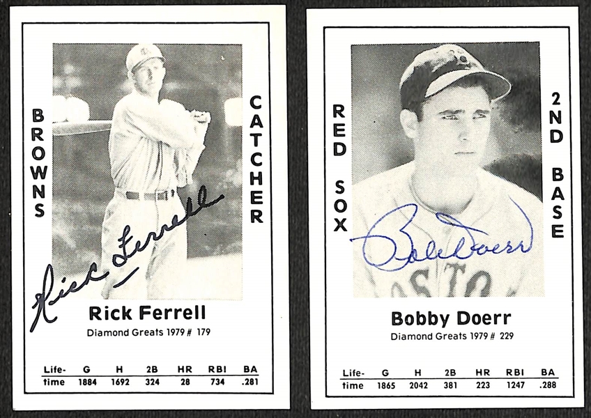 Lot of (33) Signed Old Timer Reprint Cards inc. Leo Durocher, Rick Ferrell, (2) Bobby Doerr, Bobby Shantz, + (Beckett BAS Reviewed)