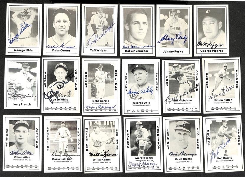 Lot of (33) Signed Old Timer Reprint Cards inc. Leo Durocher, Rick Ferrell, (2) Bobby Doerr, Bobby Shantz, + (Beckett BAS Reviewed)